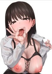 1girl a_mezashi blush breasts brown_eyes brown_hair cleavage collared_shirt ear_piercing fellatio_gesture highres large_areolae large_breasts long_sleeves looking_at_viewer narrowed_eyes nipples open_clothes original piercing saliva see-through_clothes shiny_skin shirt simple_background solo sweatdrop tongue tongue_out wet wet_clothes wet_shirt white_background white_shirt