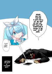 Rule 34 | 1boy, 1girl, absurdres, arona (blue archive), black hair, black suit, blue archive, blue eyes, blue hair, blurry, blurry background, braid, cellphone, choker, english text, formal, haho, hair over one eye, hairband, highres, long sleeves, lying, on stomach, phone, sailor collar, sensei (blue archive), short hair, smartphone, speech bubble, suit, sweatdrop, trembling, two-tone background, white background, white choker, white hairband, white sailor collar