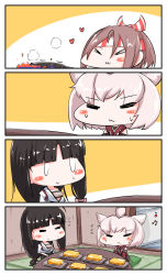 Rule 34 | &gt; &lt;, 0 0, 3girls, 4koma, :&gt;, :3, = =, azur lane, beamed sixteenth notes, black hair, blunt bangs, blush stickers, breasts, brown hair, closed eyes, closed mouth, comic, commentary request, crossover, cushion, detached sleeves, eighth note, fire, flying sweatdrops, food, hachimaki, hadanugi dousa, hair ears, headband, heart, highres, historical name connection, indoors, japanese clothes, kantai collection, kimono, light brown hair, long hair, long sleeves, medium breasts, multiple girls, musical note, name connection, omelet, open clothes, open kimono, red kimono, short sleeves, shouhou (azur lane), shouhou (kancolle), silent comic, sitting, striped, sweat, table, tamagoyaki, tasuki, very long hair, white kimono, yagami kamiya, zuihou (kancolle)