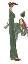 Rule 34 | 1girl, :o, chinese clothes, dress, full body, green dress, green pants, hat, highres, hong meiling, hotoke party, leg up, long hair, open mouth, pants, red eyes, red footwear, red hair, simple background, star (symbol), touhou, white background