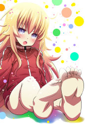 Rule 34 | 10s, 1girl, :o, ahoge, ai wa muteki, arms at sides, barefoot, blonde hair, blue eyes, blush, dotted background, feet, feet together, foot focus, foreshortening, gabriel dropout, gabriel tenma white, highres, jacket, long hair, looking at viewer, messy hair, nail polish, sitting, soles, solo, toenail polish, toenails, toes, track jacket