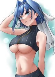Rule 34 | 1girl, absurdres, arm behind head, bare arms, bare shoulders, blue eyes, blue hair, breasts, chain, crop top, from below, gradient background, hair between eyes, hair intakes, hairband, hand up, highres, hololive, hololive english, large breasts, lds (dstwins97), looking at viewer, midriff, navel, open mouth, ouro kronii, ouro kronii (1st costume), revision, short hair, solo, sweat, swept bangs, underboob, upper body, veil, virtual youtuber, wet, wet hair, white background