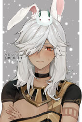 Rule 34 | 1boy, animal ear fluff, animal ears, black choker, black gloves, blush, chinese zodiac, choker, closed mouth, collarbone, commentary request, crop top, crossed arms, cyno (genshin impact), dark-skinned male, dark skin, fingerless gloves, genshin impact, gloves, gold trim, grey background, hair over one eye, highres, jewelry, looking at viewer, male focus, necklace, object on head, one eye covered, parted bangs, rabbit ears, red eyes, short sleeves, sidelocks, simple background, snow, snow rabbit, snowing, solo, sweatdrop, swept bangs, translation request, unagi to kame, upper body, white hair, year of the rabbit