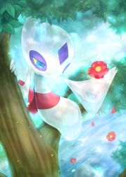 Rule 34 | 1girl, blue eyes, colored sclera, creatures (company), day, female focus, flower, froslass, full body, game freak, gen 4 pokemon, half-closed eyes, hands up, highres, holding, horns, ice, in tree, nintendo, no humans, outdoors, pokemon, pokemon (creature), red flower, sash, semi (delcatty), signature, sitting, sitting in tree, solo, stream, tree, water, yellow sclera