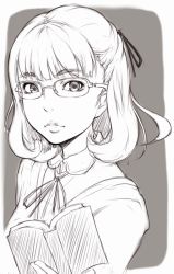 Rule 34 | 1girl, book, character request, face, glasses, greyscale, hair ribbon, ina (gokihoihoi), lips, monochrome, open book, over-rim eyewear, reading, ribbon, semi-rimless eyewear, short hair, sketch, solo