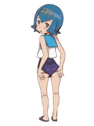 Rule 34 | 10s, 1girl, :o, ass, blue eyes, blue hair, blunt bangs, blush, creatures (company), e10, from behind, full body, game freak, hairband, lana (pokemon), looking at viewer, looking back, matching hair/eyes, nintendo, one-piece swimsuit, open mouth, pokemon, pokemon sm, simple background, sleeveless, solo, swimsuit, swimsuit under clothes, white background