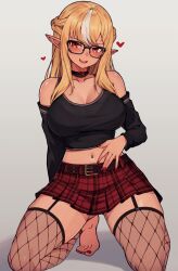 Rule 34 | 1girl, alternate costume, barefoot, black choker, black footwear, blonde hair, blush, breasts, choker, commentary, crop top, dark-skinned female, dark skin, detached leggings, elf, english commentary, feet, fishnet thighhighs, fishnets, garter straps, glasses, heart, highres, hololive, large breasts, long hair, long sleeves, looking at viewer, multicolored hair, nail polish, navel, open mouth, plaid, plaid skirt, pointy ears, red eyes, red nails, red skirt, shiranui flare, skirt, smile, solo, streaked hair, thighhighs, toenail polish, toenails, toes, varniskarnis, virtual youtuber