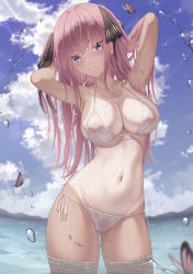 Rule 34 | arms up, beach, bikini, breasts, censored, convenient censoring, female focus, go-toubun no hanayome, hair ribbon, highres, large breasts, looking at viewer, marinesnow, nakano nino, outdoors, pink hair, purple eyes, ribbon, see-through, swimsuit