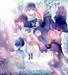 Rule 34 | 10s, 1boy, 1girl, aged down, bandages, black hair, blue eyes, book, coat, colored sclera, colored skin, couple, darling in the franxx, closed eyes, green eyes, grey coat, highres, hiro (darling in the franxx), holding, holding book, holding hands, horns, long hair, multiple views, oni horns, parka, pink hair, rainoa, red sclera, red skin, short hair, spoilers, winter clothes, winter coat, zero two (darling in the franxx)