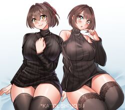 Rule 34 | 2girls, absurdres, artist name, bare shoulders, black panties, black sweater, black thighhighs, blush, breasts, brown hair, commentary request, cowboy shot, hair between eyes, highres, hyuuga (kancolle), ise (kancolle), kantai collection, katou shinobu, lace, lace-trimmed legwear, lace trim, large breasts, long sleeves, looking at viewer, multiple girls, panties, parted lips, short hair, siblings, simple background, sisters, sitting, smile, sweater, thighhighs, underwear, white background, yellow eyes