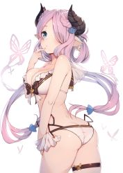 Rule 34 | 1girl, absurdres, arm at side, ass, bad id, bad twitter id, bikini, blue eyes, blush, breasts, bridal garter, bug, butt crack, butterfly, cleavage, closed mouth, commentary request, draph, earrings, eyelashes, finger to mouth, from side, gin00, granblue fantasy, hair ornament, hair over one eye, hairclip, heart, heart-shaped pupils, highres, horns, index finger raised, insect, jewelry, leg strap, light purple hair, long hair, looking at viewer, low tied hair, medium breasts, narmaya (granblue fantasy), narmaya (summer) (granblue fantasy), pointy ears, purple hair, simple background, skindentation, solo, star (symbol), star earrings, swimsuit, symbol-shaped pupils, thigh strap, white background, white bikini