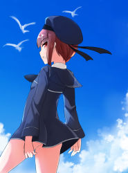 Rule 34 | 10s, 1girl, back, bird, blue sky, cloud, comah, day, from behind, hat, kantai collection, looking at viewer, looking back, red hair, sailor collar, short hair, sky, solo, z3 max schultz (kancolle)