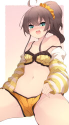 Rule 34 | 1girl, absurdres, ahoge, bikini, bikini top only, blush, brown hair, commentary request, fuuen (akagaminanoka), green eyes, groin, hair ornament, hair scrunchie, highres, hololive, jacket, natsuiro matsuri, natsuiro matsuri (matsuri&#039;s day off), navel, off shoulder, official alternate costume, open mouth, ponytail, scrunchie, sitting, sleeves past wrists, smile, solo, strap slip, striped clothes, striped jacket, sweat, swimsuit, virtual youtuber, yellow bikini, yellow jacket