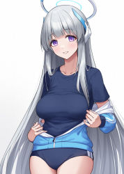 Rule 34 | 1girl, blue archive, blue shirt, breasts, buruma, gohei (aoi yuugure), grey hair, highres, jacket, jacket partially removed, large breasts, long hair, looking at viewer, noa (blue archive), purple eyes, sagging breasts, shirt, simple background, smile, solo, tagme, underwear, undressing, very long hair, white background