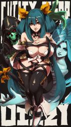 Rule 34 | 1girl, absurdres, bare shoulders, blue eyes, blue hair, blue skin, breasts, brown eyes, character name, cleavage, cloak, colored skin, commentary, copyright name, curvy, detached sleeves, dizzy (guilty gear), english commentary, guilty gear, guilty gear xrd, hair between eyes, hair ribbon, highres, hood, large breasts, long hair, looking at viewer, monori rogue, monster girl, necro (guilty gear), ribbon, skeleton, tail, tail ornament, tail ribbon, thigh strap, thighhighs, thighs, undine (guilty gear), wings, yellow ribbon