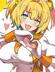 Rule 34 | + +, 1girl, aqua eyes, blonde hair, blush, bombergirl, breasts, fang, gloves, grenade hair ornament, heart, heart hands, kuzaki kaede, large breasts, multicolored hair, necktie, open mouth, orange necktie, pine (bombergirl), short hair, simple background, solo, symbol-shaped pupils, upper body, white gloves, yellow pupils