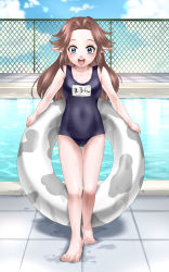 Rule 34 | 1girl, barefoot, blue eyes, blush, brown hair, chain-link fence, contemporary, feet, fence, full body, highres, innertube, long hair, malon, name tag, nintendo, one-piece swimsuit, pointy ears, pool, poolside, school swimsuit, smile, solo, standing, swim ring, swimsuit, the legend of zelda, the legend of zelda: ocarina of time, toes, wasabi (legemd), water, wet