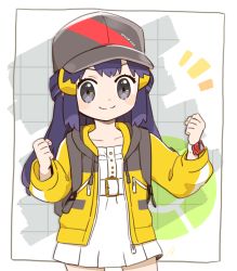 Rule 34 | 1girl, baseball cap, bebe 0620, black hair, blush stickers, buttons, clenched hands, closed mouth, collarbone, commentary request, creatures (company), dawn (pokemon), dress, eyelashes, game freak, grey eyes, hair ornament, hairclip, hands up, hat, jacket, long hair, looking at viewer, nintendo, notice lines, open clothes, open jacket, pokemon, pokemon bdsp, sidelocks, smile, solo, split mouth, white dress, yellow jacket, zipper pull tab