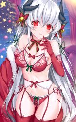 Rule 34 | 1girl, bare shoulders, bell, blush, bow, bow bra, bra, breasts, christmas, christmas tree, cleavage, collarbone, commentary request, fate/grand order, fate (series), finger to mouth, garter belt, garter straps, gluteal fold, green ribbon, grey hair, hair bell, hair ornament, hair ribbon, head tilt, highres, horns, indoors, jingle bell, kiyohime (fate), kiyohime (third ascension) (fate), lingerie, long hair, looking at viewer, medium breasts, morizono shiki, navel, neck ribbon, open mouth, panties, panties over garter belt, red bra, red eyes, red ribbon, red thighhighs, ribbon, side-tie panties, sidelocks, smile, snow, snowing, solo, stomach, thigh gap, thighhighs, underwear, very long hair, window
