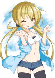 Rule 34 | 1girl, ;d, absurdres, bare shoulders, bikini, bikini top only, bikini under clothes, black thighhighs, blonde hair, blue jacket, blue shorts, blue sky, blush, brown eyes, cloud, cloudy sky, collarbone, commentary request, cowboy shot, day, frilled bikini, frilled bikini top, frills, gluteal fold, groin, hands up, highres, ichi (ichi.colors), jacket, kantai collection, long hair, long sleeves, looking at viewer, low twintails, navel, off shoulder, one eye closed, open clothes, open jacket, open mouth, satsuki (kancolle), short shorts, shorts, sidelocks, sky, smile, solo, swimsuit, thighhighs, twintails, very long hair, white bikini, wide sleeves