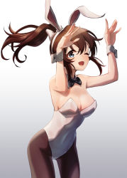 Rule 34 | 1girl, 24riside, ;d, absurdres, animal ears, arms up, black bow, black bowtie, black pantyhose, blush, bow, bowtie, breasts, brown hair, cleavage, commission, detached collar, fake animal ears, floating hair, gradient background, highres, idolmaster, idolmaster million live!, leaning forward, leotard, looking at viewer, medium breasts, one eye closed, open mouth, pantyhose, pixiv commission, playboy bunny, ponytail, rabbit ears, satake minako, simple background, smile, solo, white leotard, white wrist cuffs, wrist cuffs