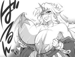 Rule 34 | 1girl, bare shoulders, breasts, breasts out, chain, cuffs, demon girl, female focus, horns, hoshiguma yuugi, huge breasts, japanese clothes, long hair, monochrome, numahana, oni, panties, puffy nipples, single horn, solo, touhou, underwear, upper body, wink