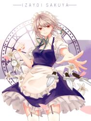 Rule 34 | 1girl, apron, back bow, blue dress, bow, braid, chinese commentary, clock, closed mouth, collared shirt, commentary request, dress, flower, frilled apron, frilled dress, frilled hairband, frills, green bow, green ribbon, grey hair, hair bow, hairband, highres, holding, holding pocket watch, izayoi sakuya, knife, komatsu2536, lily (flower), looking at viewer, maid, maid headdress, medium hair, neck ribbon, outstretched arm, petals, pocket watch, puffy short sleeves, puffy sleeves, rectangle, red eyes, ribbon, shirt, short sleeves, sleeveless, sleeveless dress, smile, sunlight, telekinesis, thighhighs, touhou, twin braids, waist apron, watch, white apron, white background, white bow, white headwear, white shirt, white thighhighs