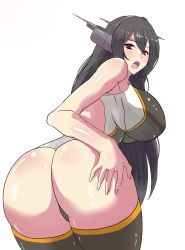 Rule 34 | 10s, 1girl, absurdres, ass, bare shoulders, black hair, blush, breasts, curvy, from behind, hair ornament, hand on ass, highres, huge ass, huge breasts, kantai collection, leaning, leaning forward, leotard, long hair, looking at viewer, looking back, moriya, nagato (kancolle), open mouth, red eyes, shiny clothes, shiny skin, solo, thick thighs, thighhighs, thighs, thong, thong leotard, wide hips