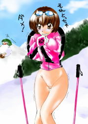 Rule 34 | 3girls, bottomless, brown eyes, brown hair, censored, clenched teeth, cold, glasses, multiple girls, short hair, snow, teeth, translation request, trembling