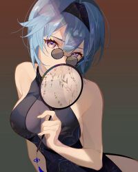 Rule 34 | 1girl, absurdres, alternate costume, bare shoulders, black-framed eyewear, black dress, black hairband, blue hair, breasts, china dress, chinese clothes, cleavage, cleavage cutout, clothing cutout, collared dress, covering own mouth, dress, eula (genshin impact), genshin impact, glasses, hair between eyes, hairband, hand fan, highres, holding, holding fan, looking at viewer, medium breasts, medium hair, multicolored eyes, oriori 0201, petal print, pince-nez, see-through, see-through cleavage, sideboob, sleeveless, sleeveless dress, solo, sunglasses, tassel, unkempt