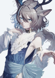 Rule 34 | 1girl, absurdres, animal ear fluff, animal ears, antlers, armlet, blue dress, blue eyes, blue hair, brown hair, colored inner hair, constellation print, crescent, crescent necklace, deer antlers, deer ears, detached sleeves, dress, facial mark, hair between eyes, highres, horns, jewelry, long sleeves, looking at viewer, multicolored hair, neck ring, necklace, original, otoma safu, parted lips, print dress, reaching, reaching towards viewer, simple background, solo, upper body, white background