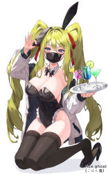 Rule 34 | 1girl, absurdres, animal ears, black bow, black bowtie, black leotard, black thighhighs, bow, bowtie, breasts, cup, detached collar, drinking glass, fake animal ears, frilled leotard, frills, gohan oni, green hair, hair ribbon, heel pop, high heels, highres, holding, holding ears, holding tray, jacket, kneeling, large breasts, leotard, long hair, looking at viewer, mask, mole, mole on breast, mouth mask, open clothes, open jacket, original, playboy bunny, purple eyes, rabbit ears, red ribbon, ribbon, solo, strapless, strapless leotard, thighhighs, tray, twintails, very long hair, white jacket