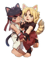 Rule 34 | 2boys, animal ears, bara, black hair, blonde hair, blush stickers, capcom, cat boy, cat ears, cat tail, deformed, dougi, forked eyebrows, full body, headband, highres, holding hands, kemonomimi mode, ken masters, looking at viewer, male focus, multiple boys, muscular, muscular male, pectoral cleavage, pectorals, ryu (street fighter), short hair, street fighter, tail, tiger boy, tiger ears, tiger stripes, tiger tail, yaoi, yuiofire
