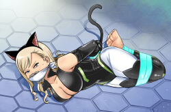 Rule 34 | 1girl, animal ears, bdsm, blonde hair, blue eyes, bondage, bound, bound ankles, bound legs, bound wrists, breasts, cat ears, cat tail, chloroform, cleavage, cloth gag, eden&#039;s zero, gag, gagged, highres, improvised gag, large breasts, lost one zero, rebecca bluegarden, sleepy, solo, tail