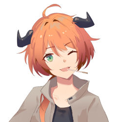 Rule 34 | 1girl, ;d, ahoge, arknights, black shirt, collarbone, croissant (arknights), food, food in mouth, green eyes, grey jacket, hair between eyes, head tilt, highres, horns, hua ye, jacket, long hair, one eye closed, open clothes, open jacket, open mouth, orange hair, pocky, shirt, simple background, smile, solo, white background