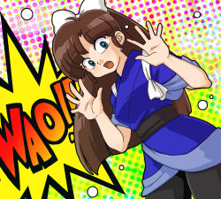 Rule 34 | 1girl, bow, breasts, brown hair, hair bow, hands up, kuonji ukyou, long hair, looking at viewer, medium breasts, medium hair, open mouth, parted bangs, polka dot, polka dot background, ranma 1/2, solo, sound effects, standing, wanta (futoshi), white bow