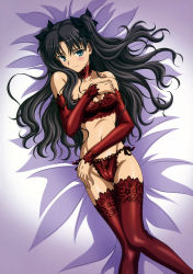 Rule 34 | 1girl, absurdres, bare shoulders, bed sheet, black hair, blush, bow, bra, choker, detached sleeves, elbow gloves, fate/stay night, fate (series), gloves, green eyes, hair bow, highres, ishihara megumi, legs, lingerie, long hair, long legs, looking at viewer, lying, navel, on back, panties, red panties, red thighhighs, scan, side-tie panties, smile, solo, thighhighs, tohsaka rin, two side up, underwear, underwear only