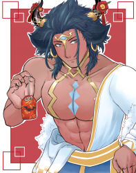 Rule 34 | 1boy, abs, animal ears, askr (fire emblem), askr (new year) (fire emblem), bare pectorals, cow horns, ear piercing, fire emblem, fire emblem heroes, flower, highres, horns, japanese clothes, kimono, looking at viewer, male focus, marhvee, markings, marvhee, nintendo, omamori, partially undressed, pectorals, peony (flower), piercing, solo, white kimono
