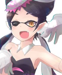 Rule 34 | 1girl, black hair, callie (splatoon), chromatic aberration, fang, highres, inkling, kuromu (underporno), leotard, long hair, low twintails, nintendo, one eye closed, open mouth, pointy ears, simple background, smile, solo, splatoon (series), splatoon 1, twintails, upper body, yellow eyes
