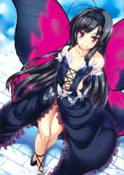 Rule 34 | 10s, 1girl, absurdres, accel world, antenna hair, bare shoulders, black hair, blush, bug, butterfly, butterfly wings, day, dress, elbow gloves, gloves, hairband, highres, ichijou hitoshi, insect, insect wings, kuroyukihime, legs, long hair, looking at viewer, navel, sky, smile, solo, wings