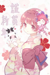 Rule 34 | 1girl, absurdres, back bow, blush, bow, chinese zodiac, closed mouth, commentary, cow, danby merong, floral background, floral print, flower, from behind, hair flower, hair ornament, hands up, highres, japanese clothes, kimono, looking at viewer, looking back, new year, original, pink kimono, print kimono, red bow, red eyes, red flower, red hair, smile, solo, symbol-only commentary, translation request, white flower, year of the ox