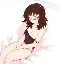 Rule 34 | 1girl, blew andwhite, breasts, closed eyes, collarbone, couch, from above, glasses, gradient background, original, panties, pink panties, semi-rimless eyewear, short hair, side ponytail, sitting, sleeping, solo, strap slip, underwear, underwear only, v arms, wavy hair, white upholstery