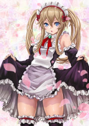 Rule 34 | 10s, 1girl, apron, bare shoulders, blue eyes, brown hair, clothes lift, detached sleeves, dress, dress lift, elf, frills, long hair, looking at viewer, maid, maid apron, maid headdress, myucel foalan, outbreak company, pointy ears, solo, thighhighs, twintails, yamasan (hachiman)