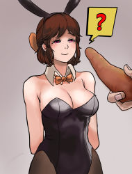 Rule 34 | 1girl, ?, animal costume, animal ears, arms behind back, black leotard, bow, bowtie, breasts, brown hair, chroong, cleavage, detached collar, fake animal ears, guardian tales, highres, innkeeper loraine, leotard, looking to the side, medium breasts, orange ribbon, pantyhose, pink eyes, playboy bunny, ribbon, short hair, simple background, smile, strapless, strapless leotard
