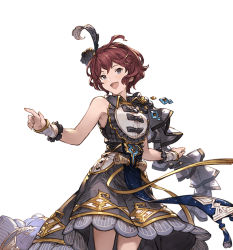 Rule 34 | 10s, 1girl, blue eyes, bow, character name, dress, feathers, frills, granblue fantasy, hair ornament, looking away, minaba hideo, official art, open mouth, pamela (granblue fantasy), red hair, ribbon, short hair, simple background, sleeveless, smile, solo, white background, wrist cuffs