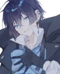 Rule 34 | 1boy, bishounen, black coat, black gloves, black hair, blue bow, blue eyes, bow, coat, collared shirt, earrings, gloves, hand on own chest, highres, hourglass, jewelry, kagaku o, long hair, low ponytail, male focus, multiple earrings, shirt, smile, solo, teeth, vanitas (vanitas no carte), vanitas no carte, white background, white shirt