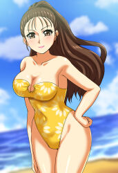 1girl absurdres beach blue_sky blurry blurry_background breasts brown_eyes brown_hair chouriki_sentai_ohranger cloud collarbone commission covered_navel cowboy_shot day floral_print hand_on_own_hip highleg highleg_one-piece_swimsuit highres horizon large_breasts long_hair nijou_juri ocean one-piece_swimsuit outdoors pixiv_commission sky solo strapless strapless_one-piece_swimsuit super_sentai swimsuit yellow_one-piece_swimsuit zanntetu