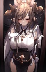 Rule 34 | 1girl, absurdres, animal ears, bare shoulders, blush, breasts, brown hair, closed eyes, closed mouth, detached sleeves, dress, elbow gloves, extra ears, frilled sleeves, frills, galleon (granblue fantasy), gloves, granblue fantasy, hair ornament, highres, horns, large breasts, long hair, multicolored hair, pelvic curtain, pointy ears, rai (sakuranbo sugar), smile, solo, streaked hair, very long hair, white gloves