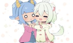 Rule 34 | 2girls, ahoge, animal ear fluff, animal ears, black choker, blue hair, blunt bangs, cheek-to-cheek, chibi, choker, closed eyes, clothing cutout, ferret girl, ferret tail, food, fruit, gradient hair, hackerling, heads together, highres, horns, indie virtual youtuber, jacket, laimu (vtuber), light blush, light green hair, lime (fruit), marking on cheek, multicolored hair, multiple girls, o o, patterned background, paw print, pink jacket, poco (zdrq3), pointy ears, star (symbol), tail, twintails, vinesauce, virtual youtuber
