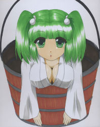 Rule 34 | 1girl, breasts, bucket, cleavage, female focus, green eyes, green hair, hair bobbles, hair ornament, in bucket, in container, kingindou yumeji, kisume, large breasts, matching hair/eyes, aged up, robe, shikishi, short hair, solo, touhou, twintails